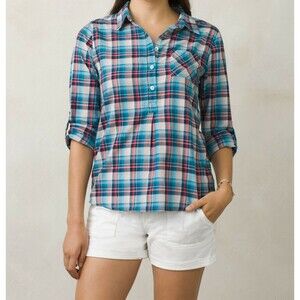 New Womens NWT M Blue White Red Pink PrAna Top Plaid Organic Casual Gina Roll